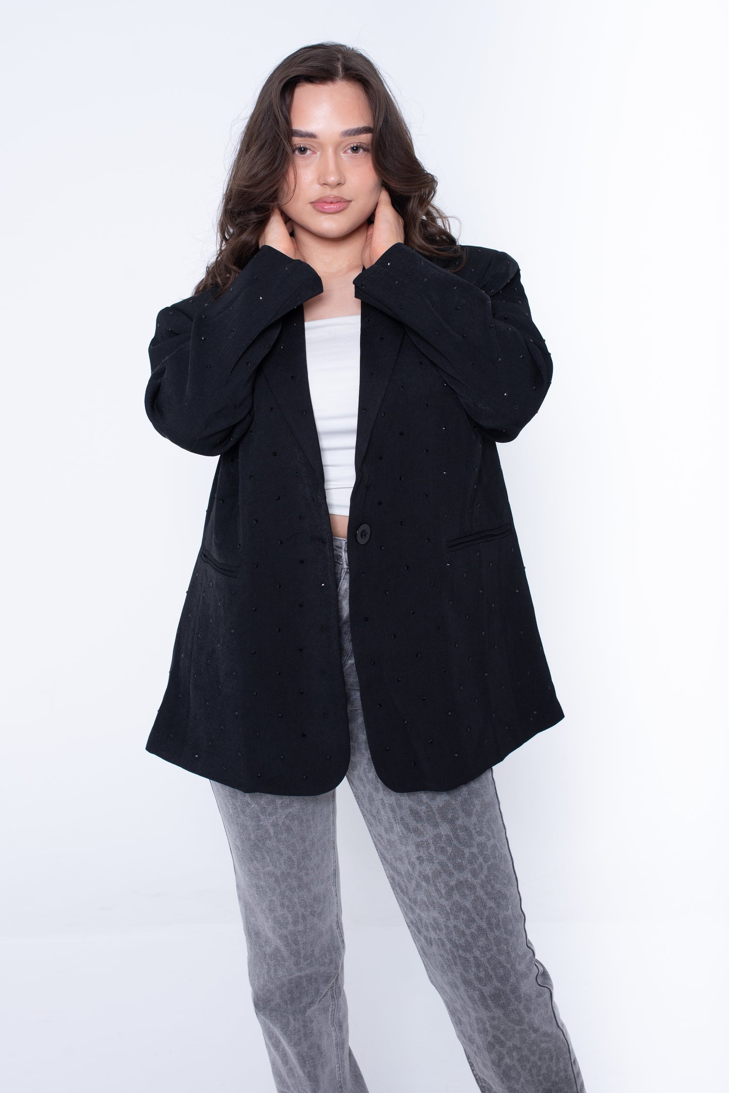 zwarte oversized blazer met zwarte glitter steentjes