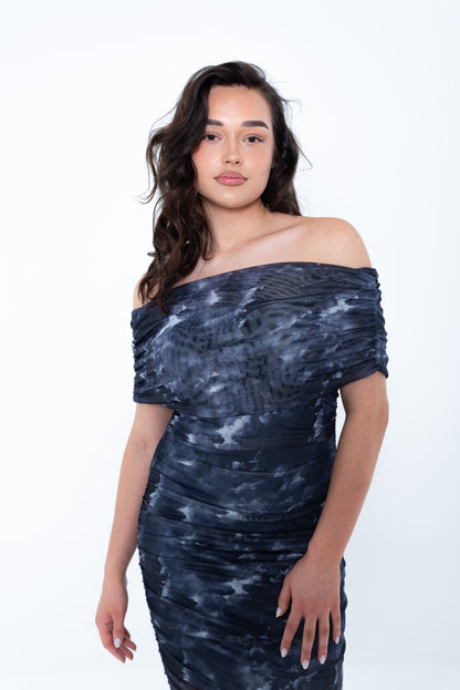 donkerblauwe marineblauwe maxi jurk off shoulder